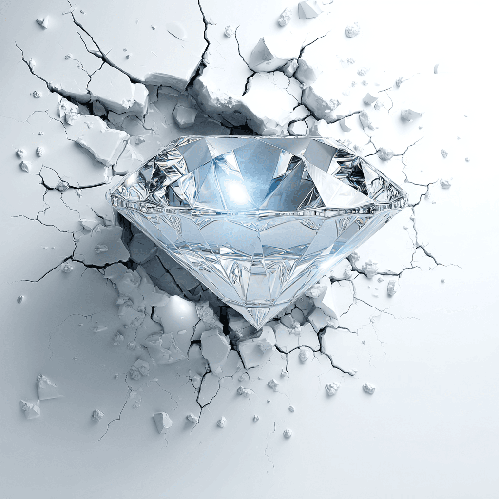 A luminous diamond bursting through a cracked white wall