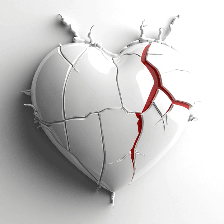 A polished white ceramic heart fractured down the middle, a deep red light emerging from inside