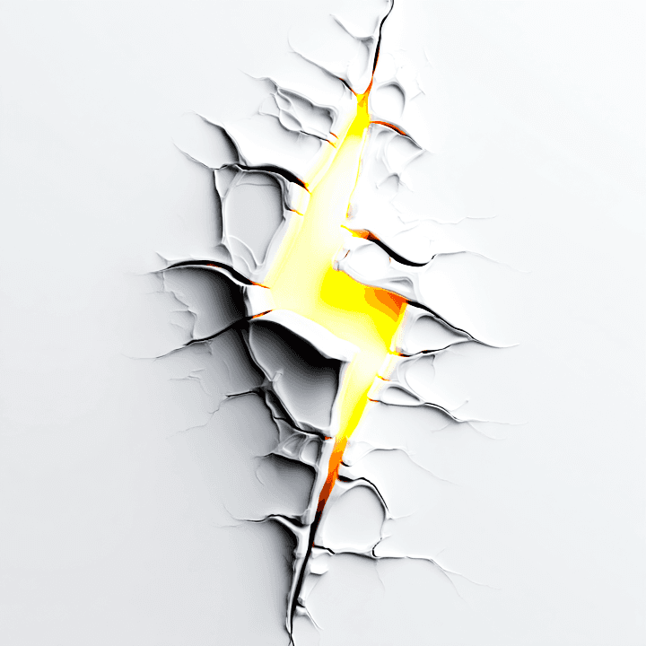 A jagged bolt of light cracking through a white wall, ice-blue glow at the impact point