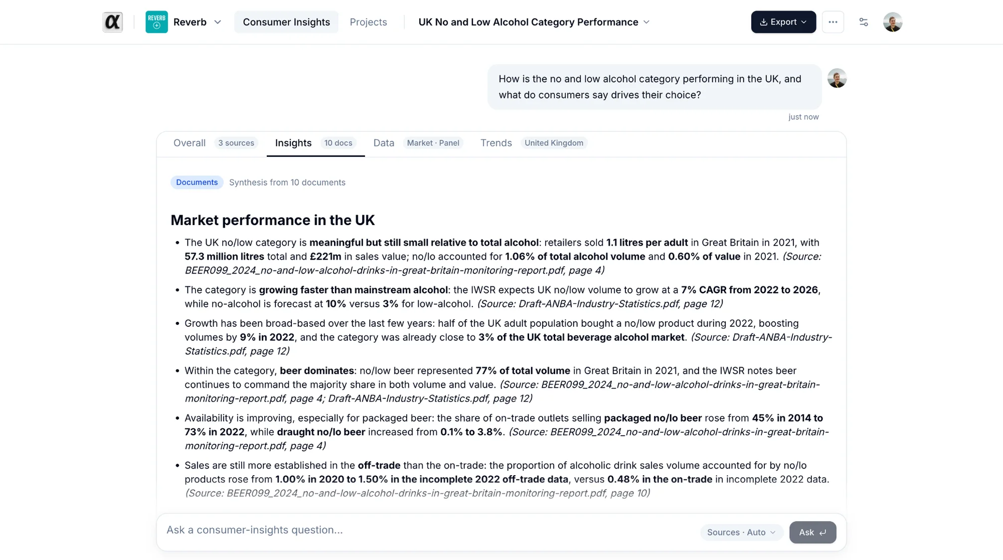 The Insights tab with citations and the Sources list