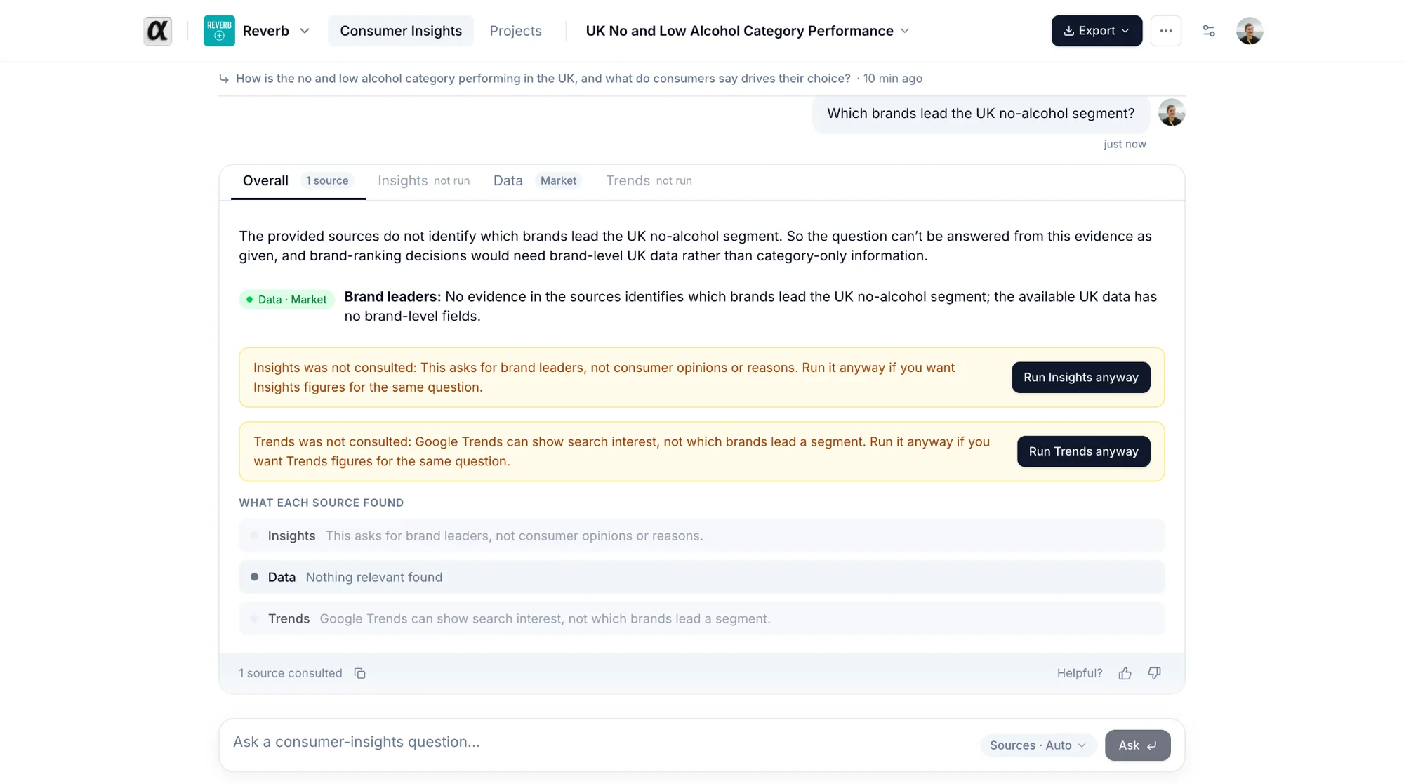 An answer where two sources were not consulted, with Run anyway buttons