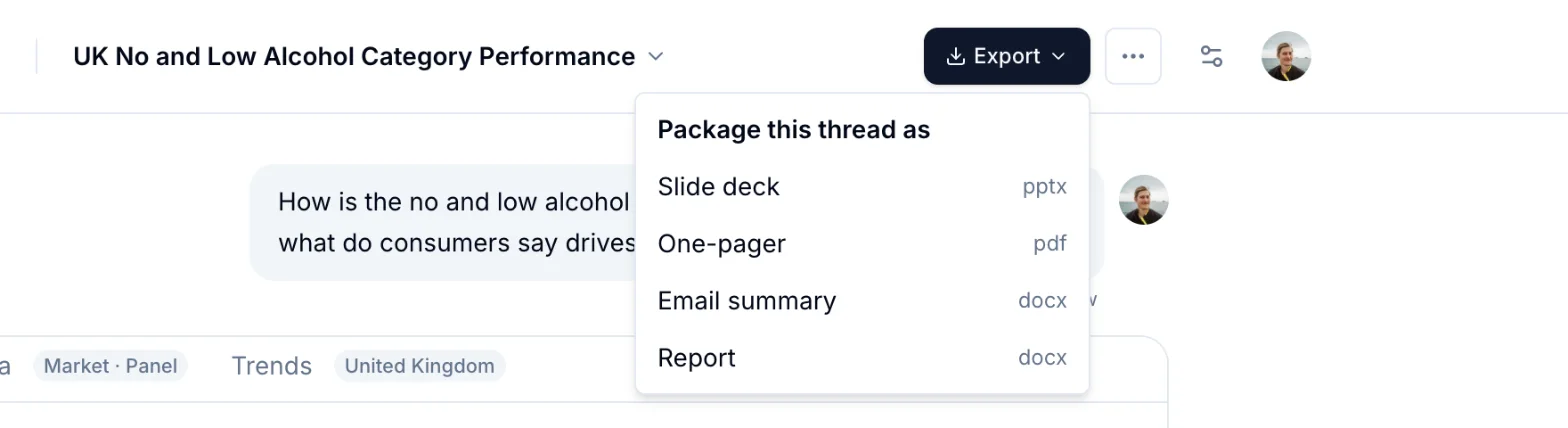 The Export menu of a thread