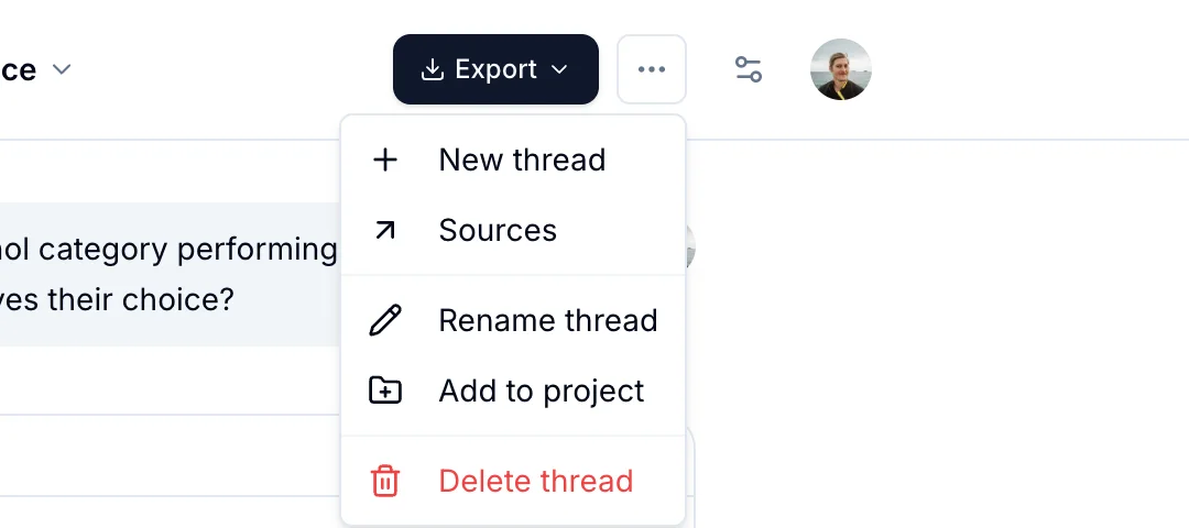 The thread menu: new thread, sources, rename, add to project, delete