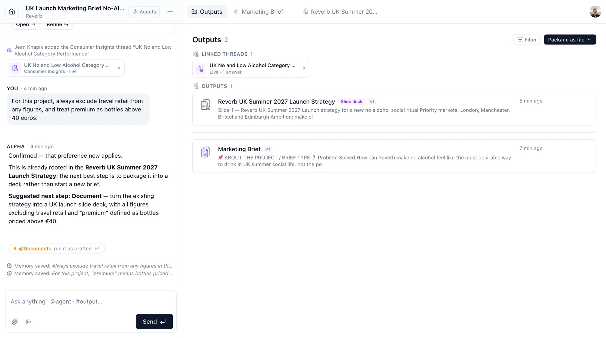 The Outputs overview with a linked thread and two outputs