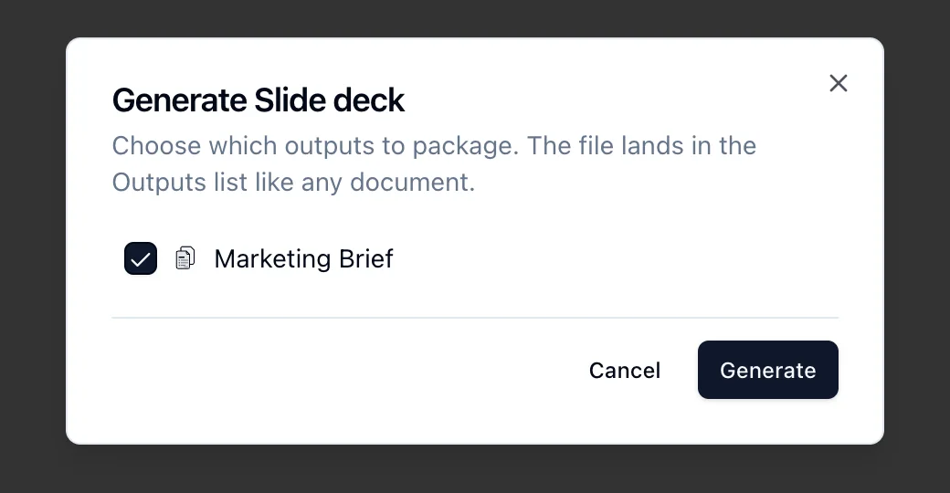 The Generate dialog for a slide deck