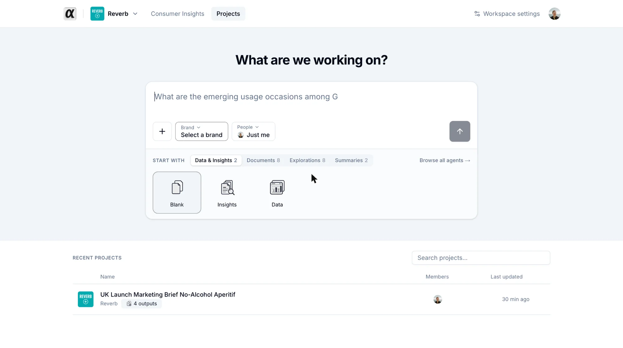 The Projects page with the composer and Start with tiles